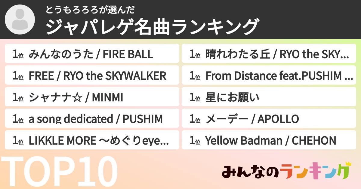 とうもろろろさんの「ジャパレゲ名曲ランキング」