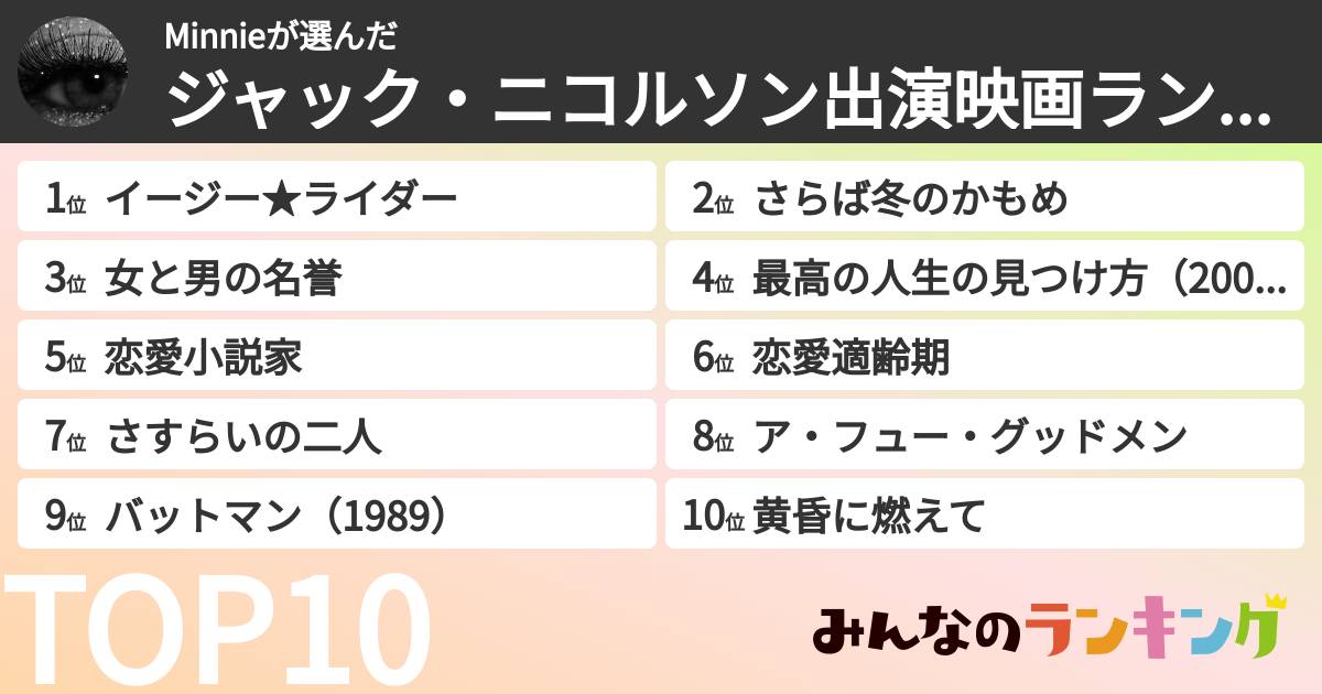 Minnieさんの「ジャック・ニコルソン出演映画ランキング」