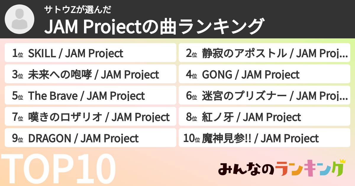 サトウZさんの「JAM Projectの曲ランキング」