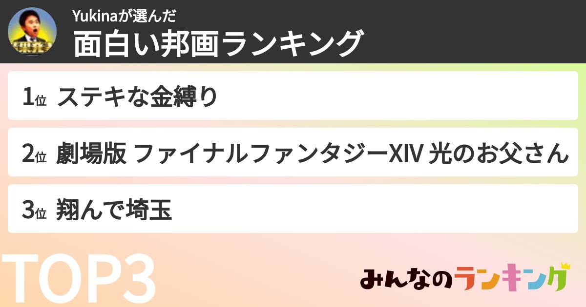 Yukinaさんの「面白い邦画ランキング」