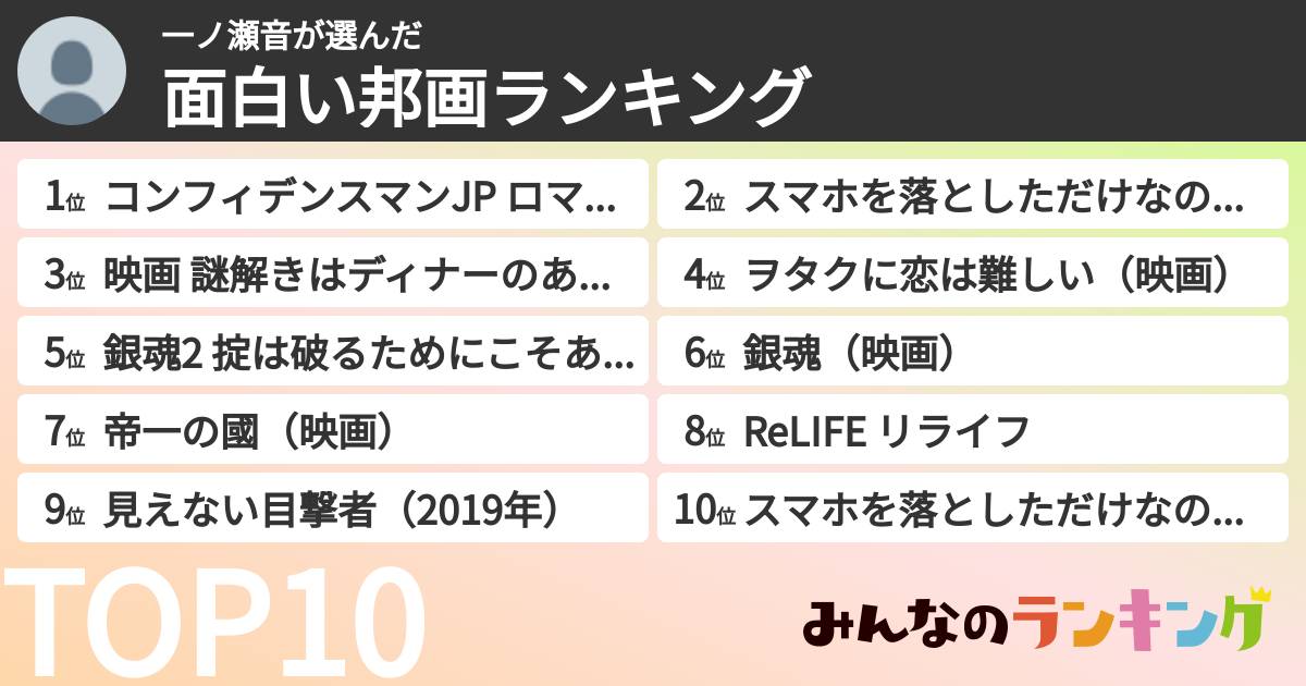 一ノ瀬音さんの「面白い邦画ランキング」