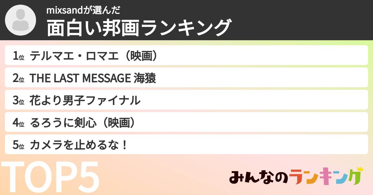 mixsandさんの「面白い邦画ランキング」