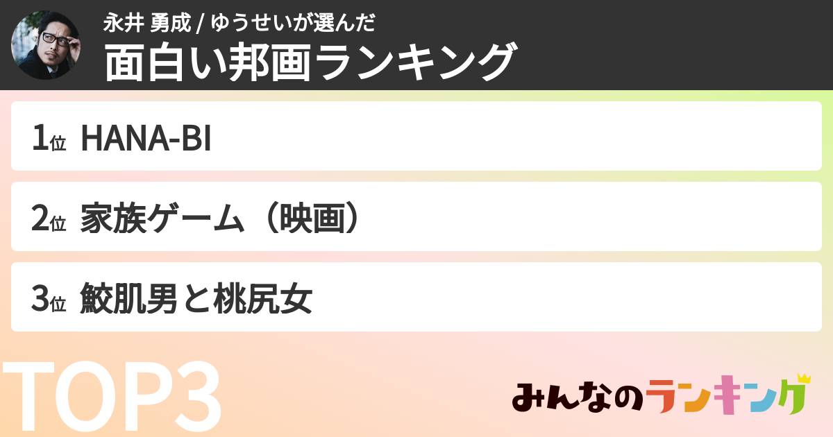 永井 勇成 / ゆうせいさんの「面白い邦画ランキング」
