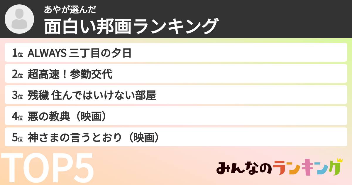 あやさんの「面白い邦画ランキング」