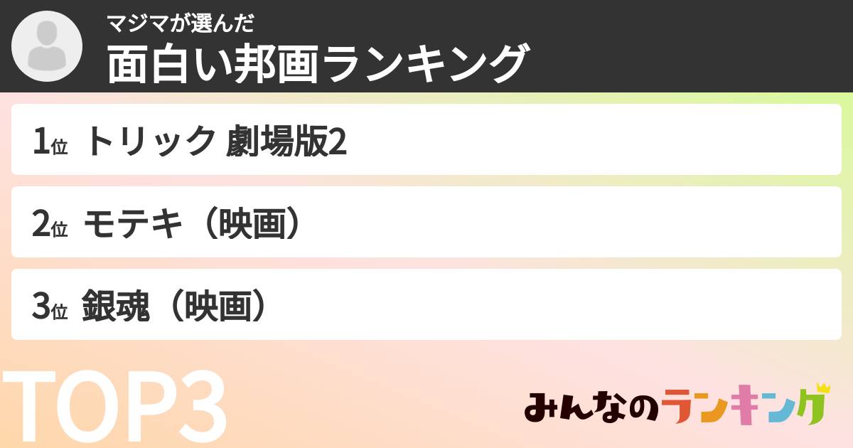 マジマさんの「面白い邦画ランキング」