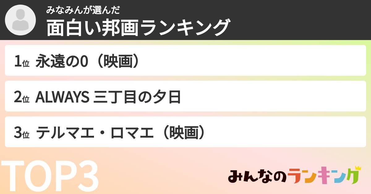 みなみんさんの「面白い邦画ランキング」