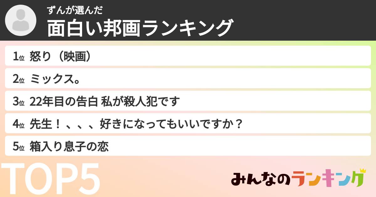 ずんさんの「面白い邦画ランキング」