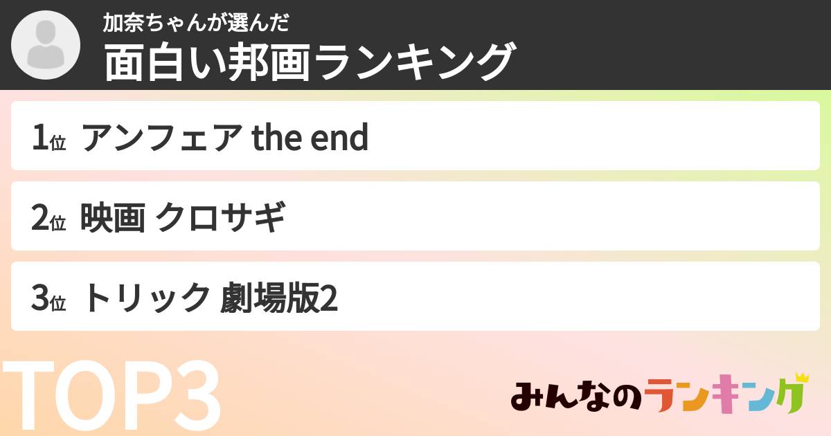 加奈ちゃんさんの「面白い邦画ランキング」