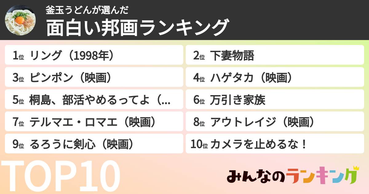 釜玉うどんさんの「面白い邦画ランキング」