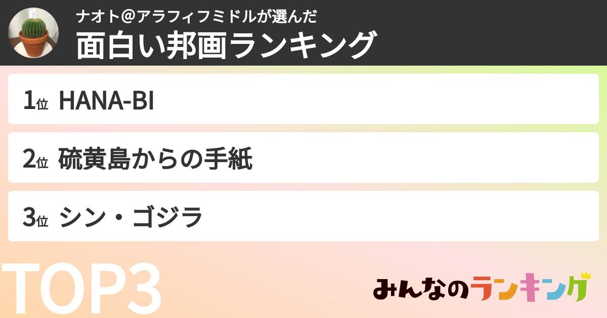 ナオト＠アラフィフミドルさんの「面白い邦画ランキング」
