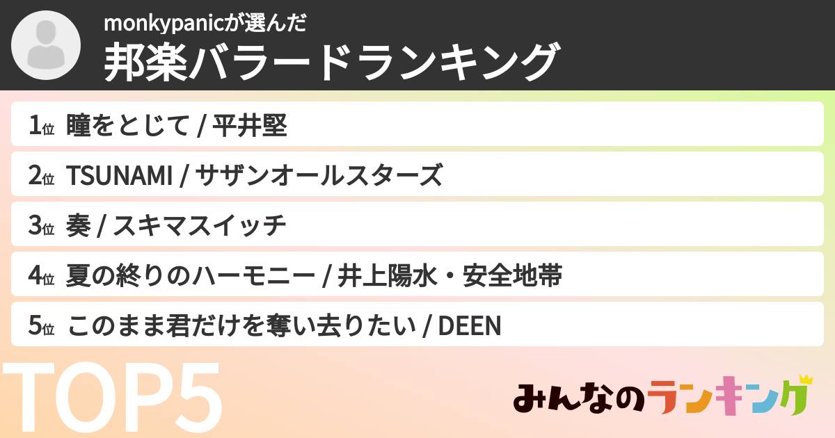 monkypanicさんの「邦楽バラードランキング」