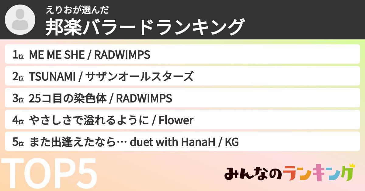 えりおさんの「邦楽バラードランキング」