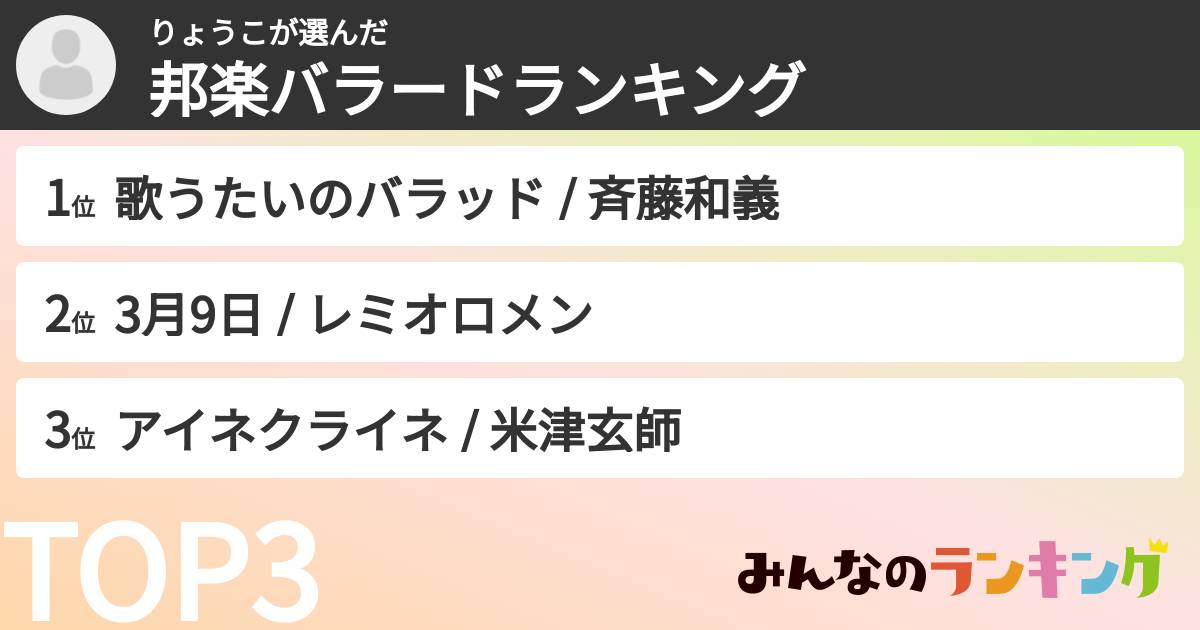 りょうこさんの「邦楽バラードランキング」