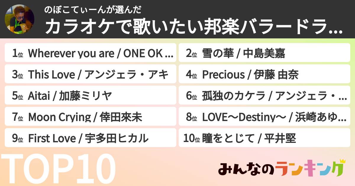 のぼこてぃーんさんの「カラオケで歌いたい邦楽バラードランキング」