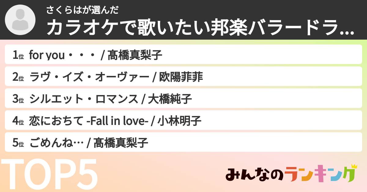 さくらはさんの「カラオケで歌いたい邦楽バラードランキング」
