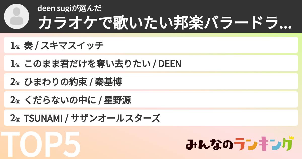 deen sugiさんの「カラオケで歌いたい邦楽バラードランキング」
