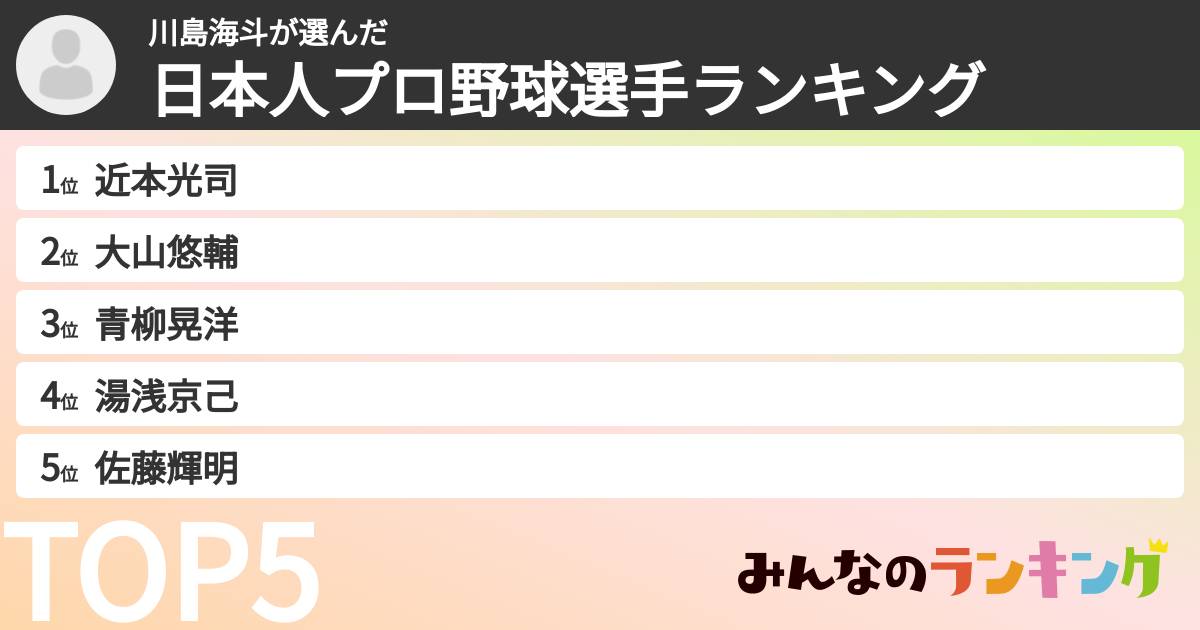 川島海斗さんの「日本人プロ野球選手ランキング」