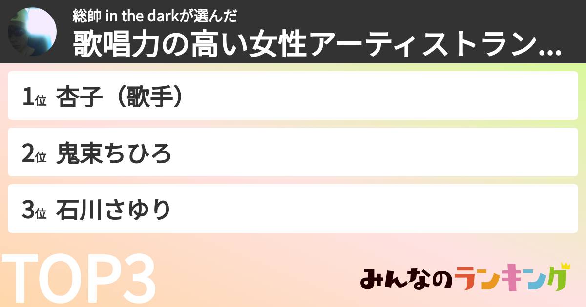総帥 in the darkさんの「歌唱力の高い女性アーティストランキング」