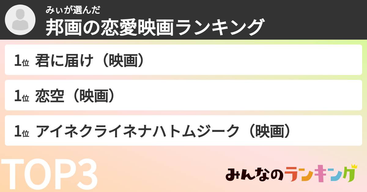 みぃさんの「邦画の恋愛映画ランキング」