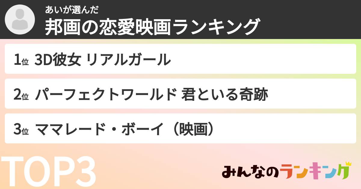 あいさんの「邦画の恋愛映画ランキング」