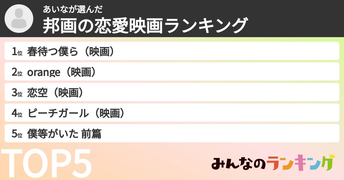 あいなさんの「邦画の恋愛映画ランキング」