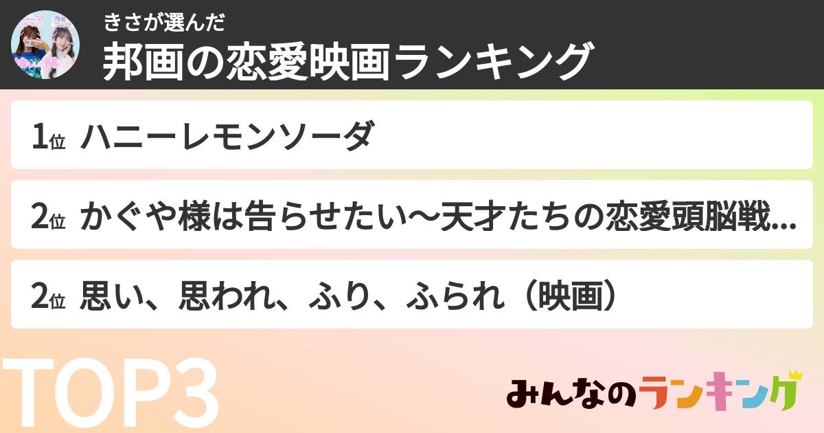 きささんの「邦画の恋愛映画ランキング」