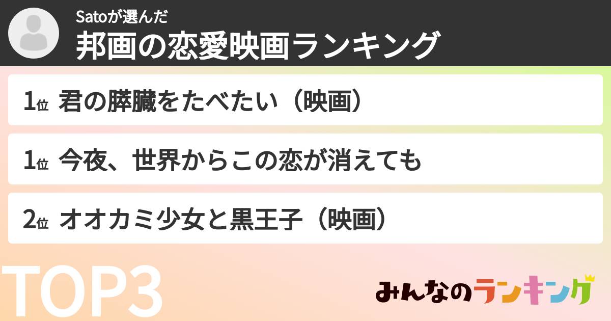 Satoさんの「邦画の恋愛映画ランキング」