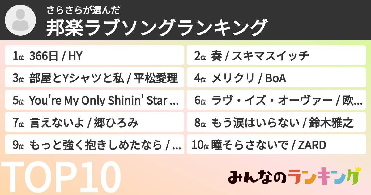 さらさらさんの「邦楽ラブソングランキング」