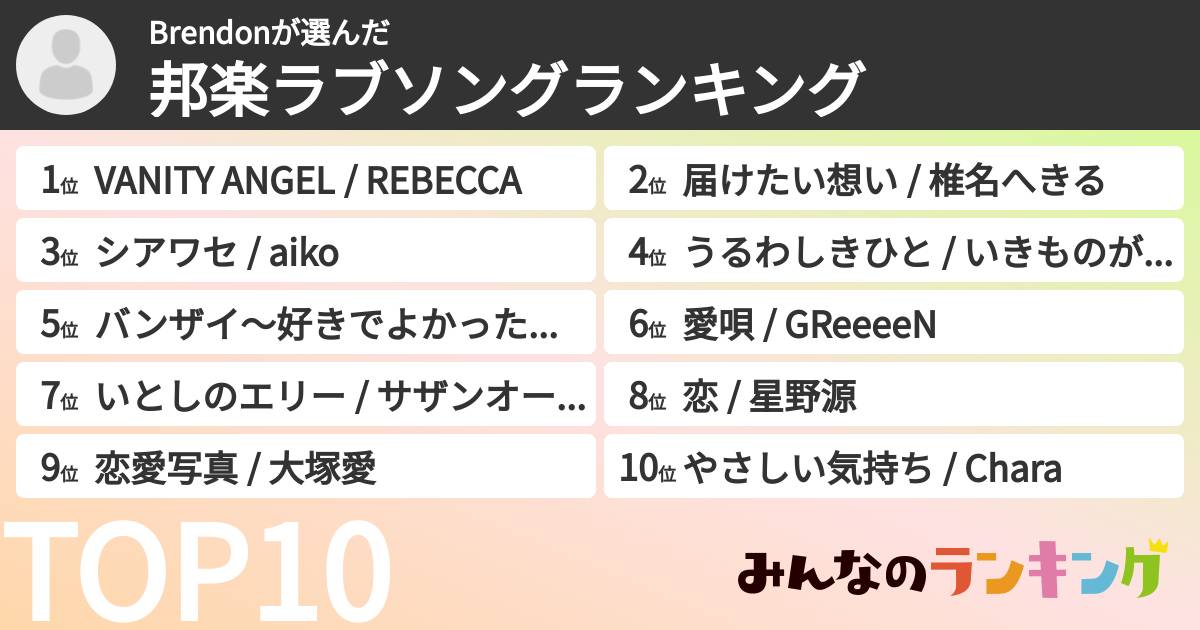 Brendonさんの「邦楽ラブソングランキング」