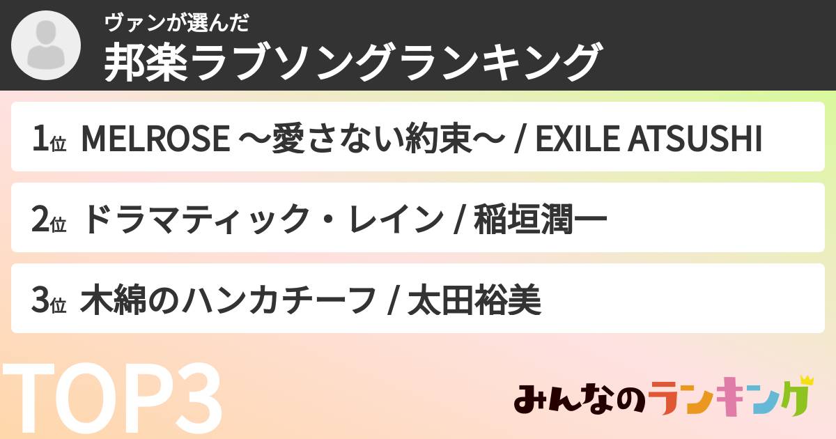 ヴァンさんの「邦楽ラブソングランキング」