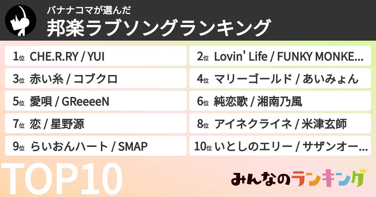 バナナコマさんの「邦楽ラブソングランキング」