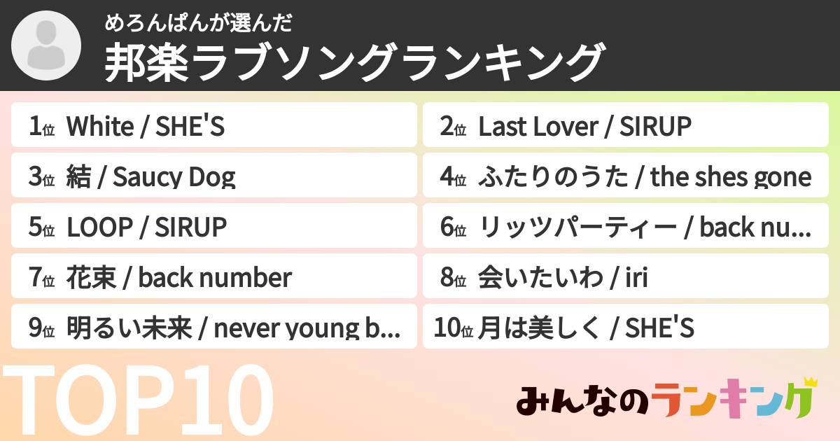 めろんぱんさんの「邦楽ラブソングランキング」