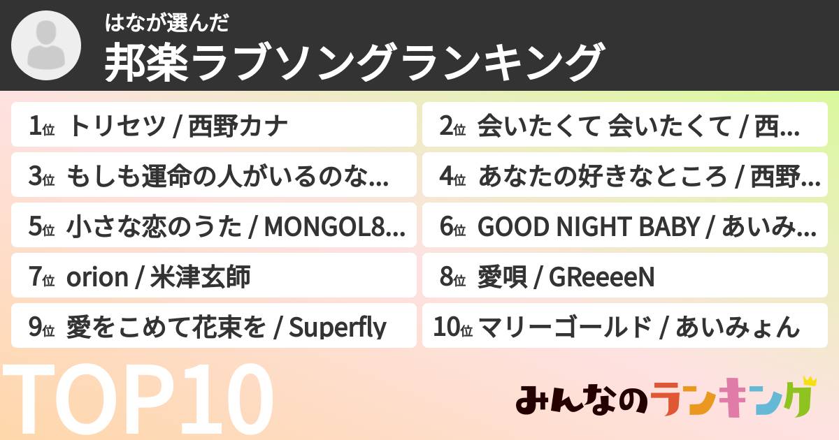 はなさんの「邦楽ラブソングランキング」