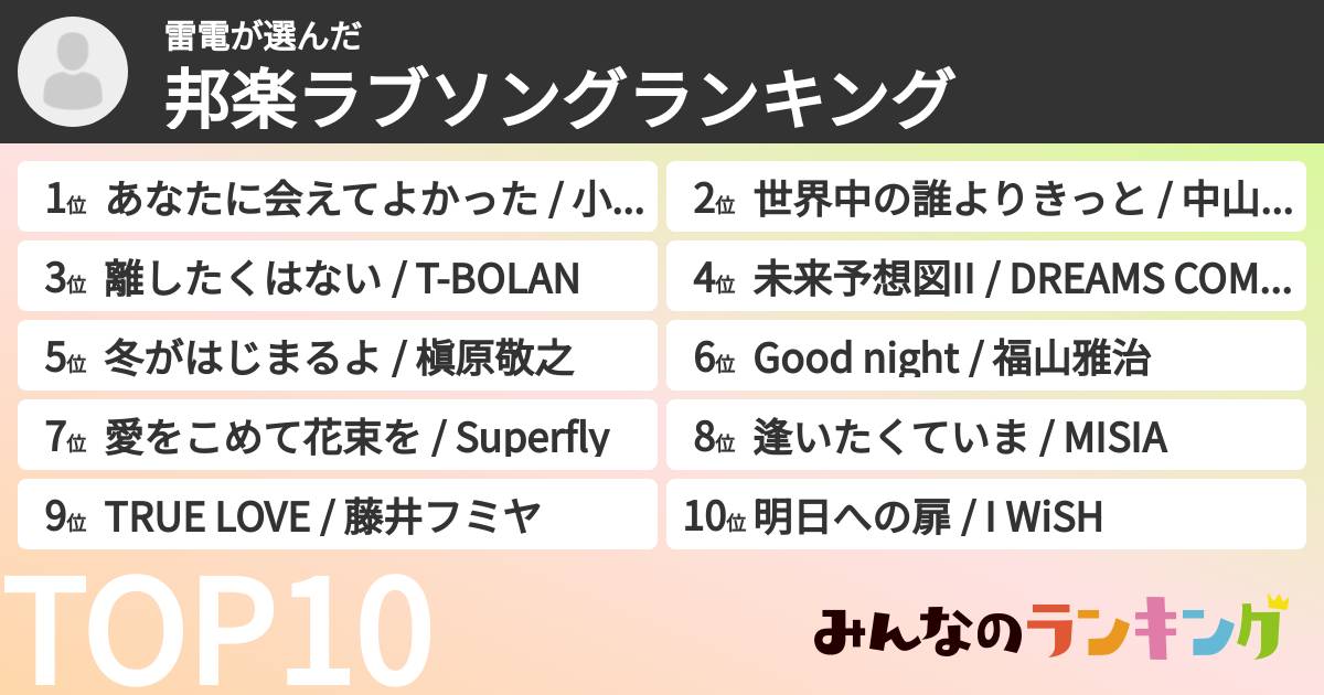 雷電さんの「邦楽ラブソングランキング」