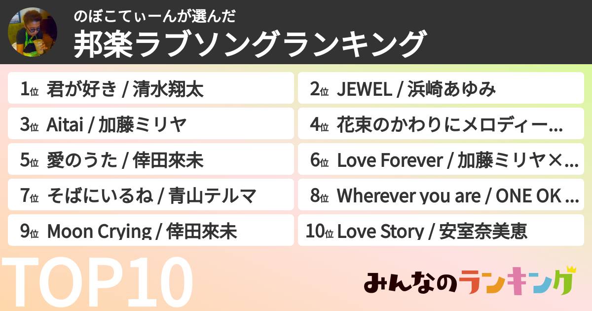 のぼこてぃーんさんの「邦楽ラブソングランキング」