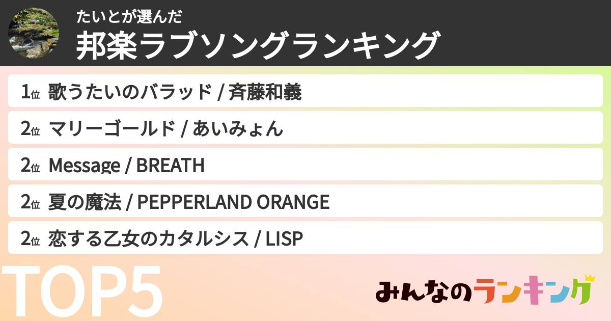 たいとさんの「邦楽ラブソングランキング」