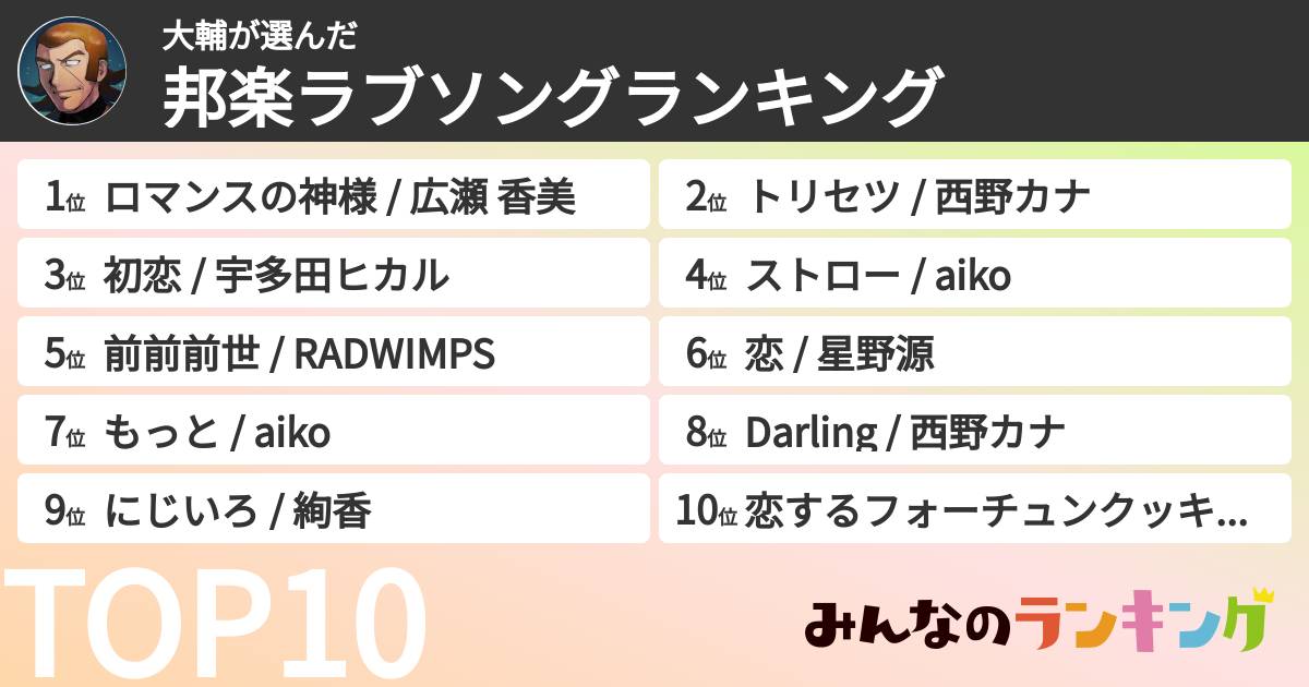 大輔さんの「邦楽ラブソングランキング」