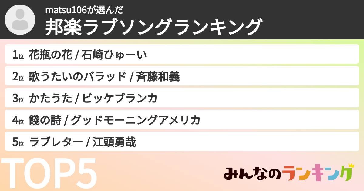 matsu106さんの「邦楽ラブソングランキング」