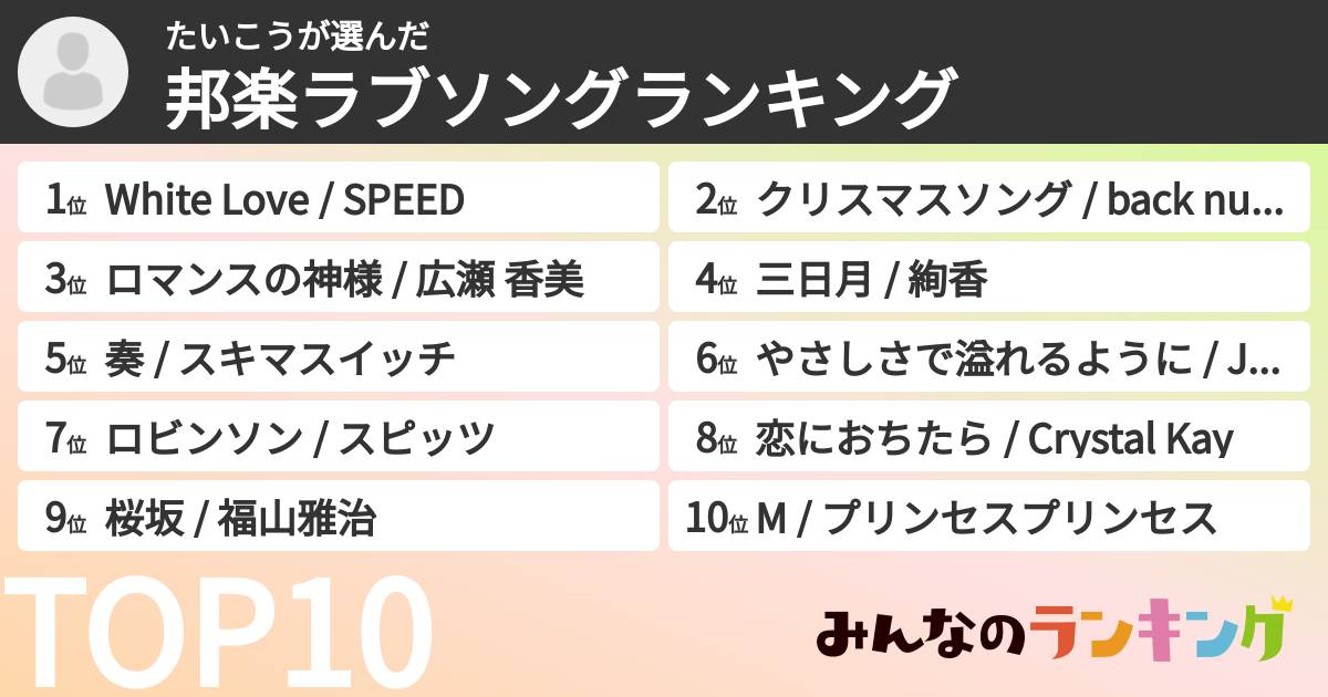 たいこうさんの「邦楽ラブソングランキング」