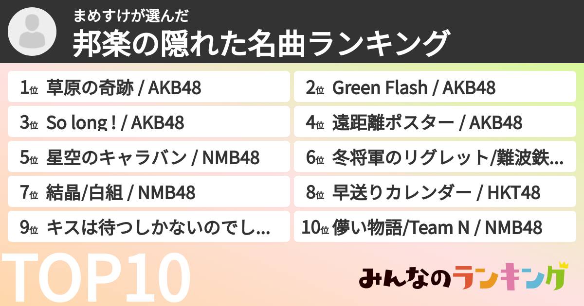 まめすけさんの「邦楽の隠れた名曲ランキング」