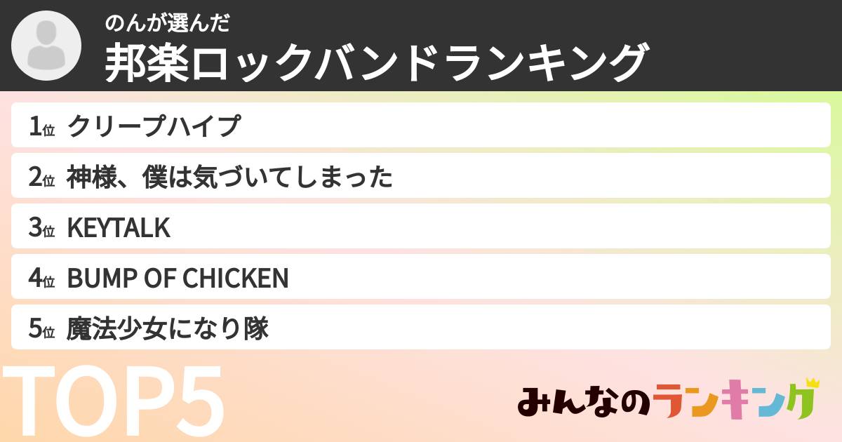 のんさんの「邦楽ロックバンドランキング」