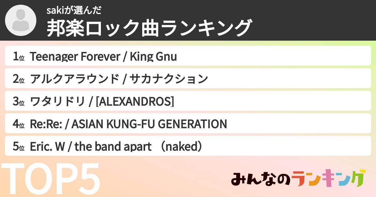 sakiさんの「邦楽ロック曲ランキング」