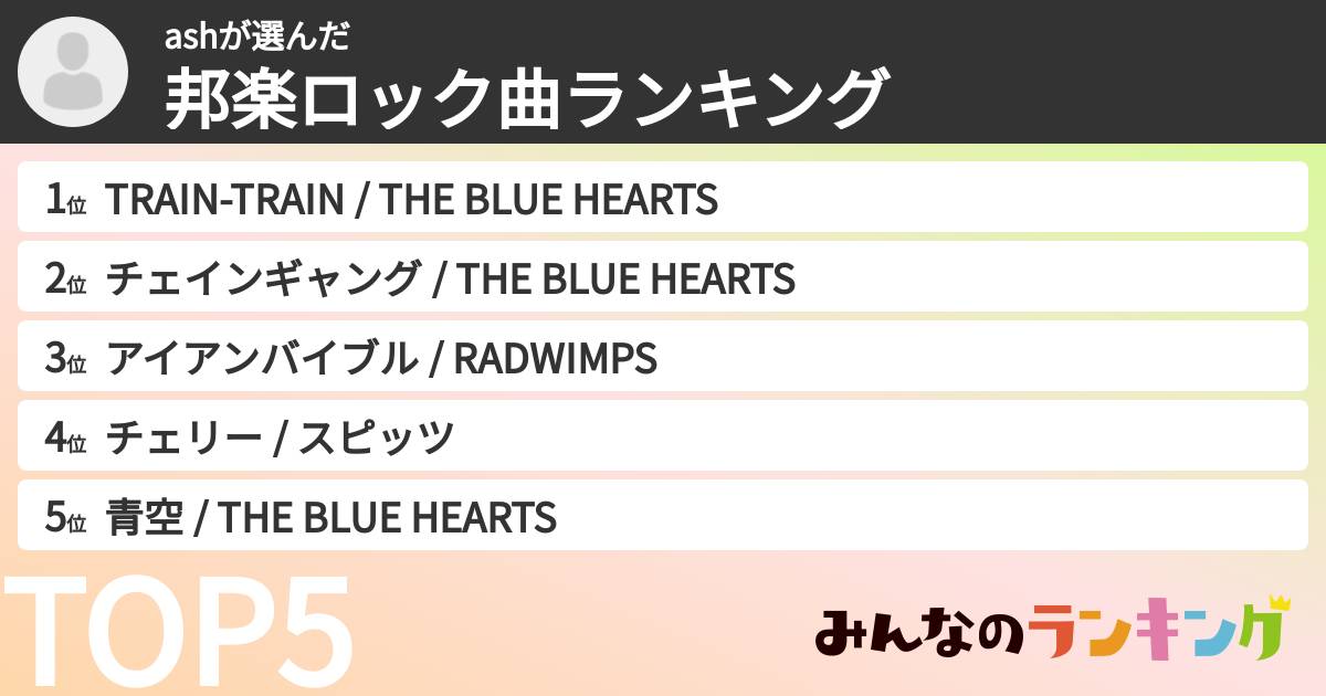 ashさんの「邦楽ロック曲ランキング」