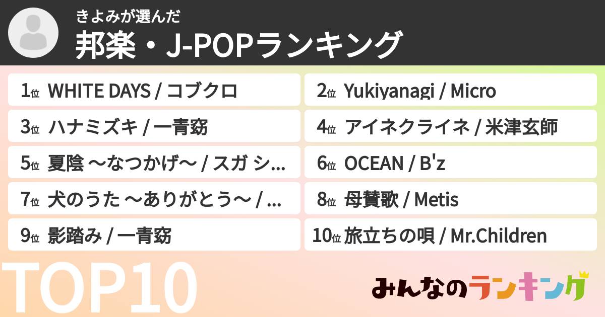 きよみさんの「邦楽・J-POPランキング」
