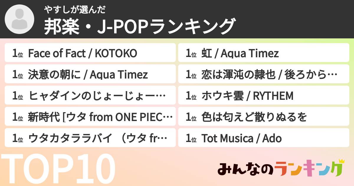 やすしさんの「邦楽・J-POPランキング」