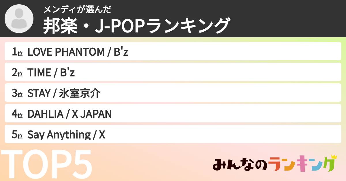 メンディさんの「邦楽・J-POPランキング」