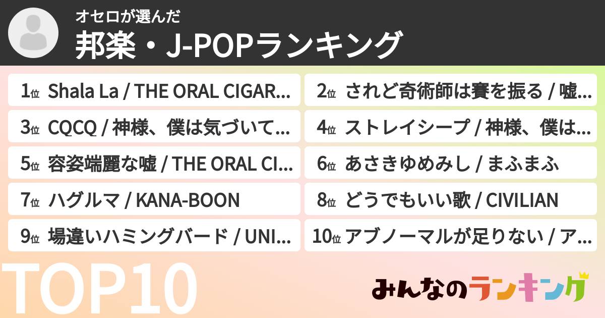 オセロさんの「邦楽・J-POPランキング」