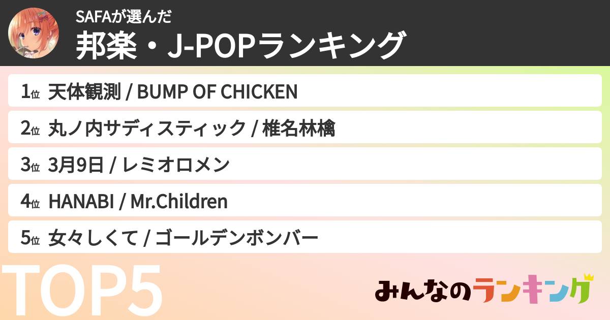 SAFAさんの「邦楽・J-POPランキング」