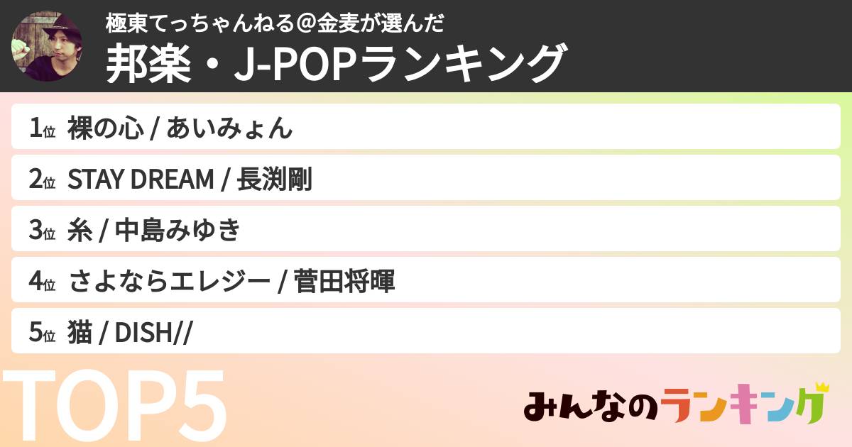 極東てっちゃんねる＠金麦さんの「邦楽・J-POPランキング」