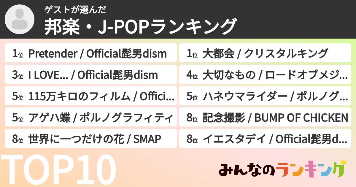 ゲストさんの「邦楽・J-POPランキング」